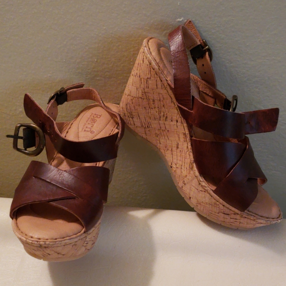 Born Brown Leather Cork Wedge Sandals